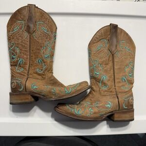 Circle G Cowboy Boots Womens 5.5 Tan Turquoise Embroidered Western Cowgirl Boots